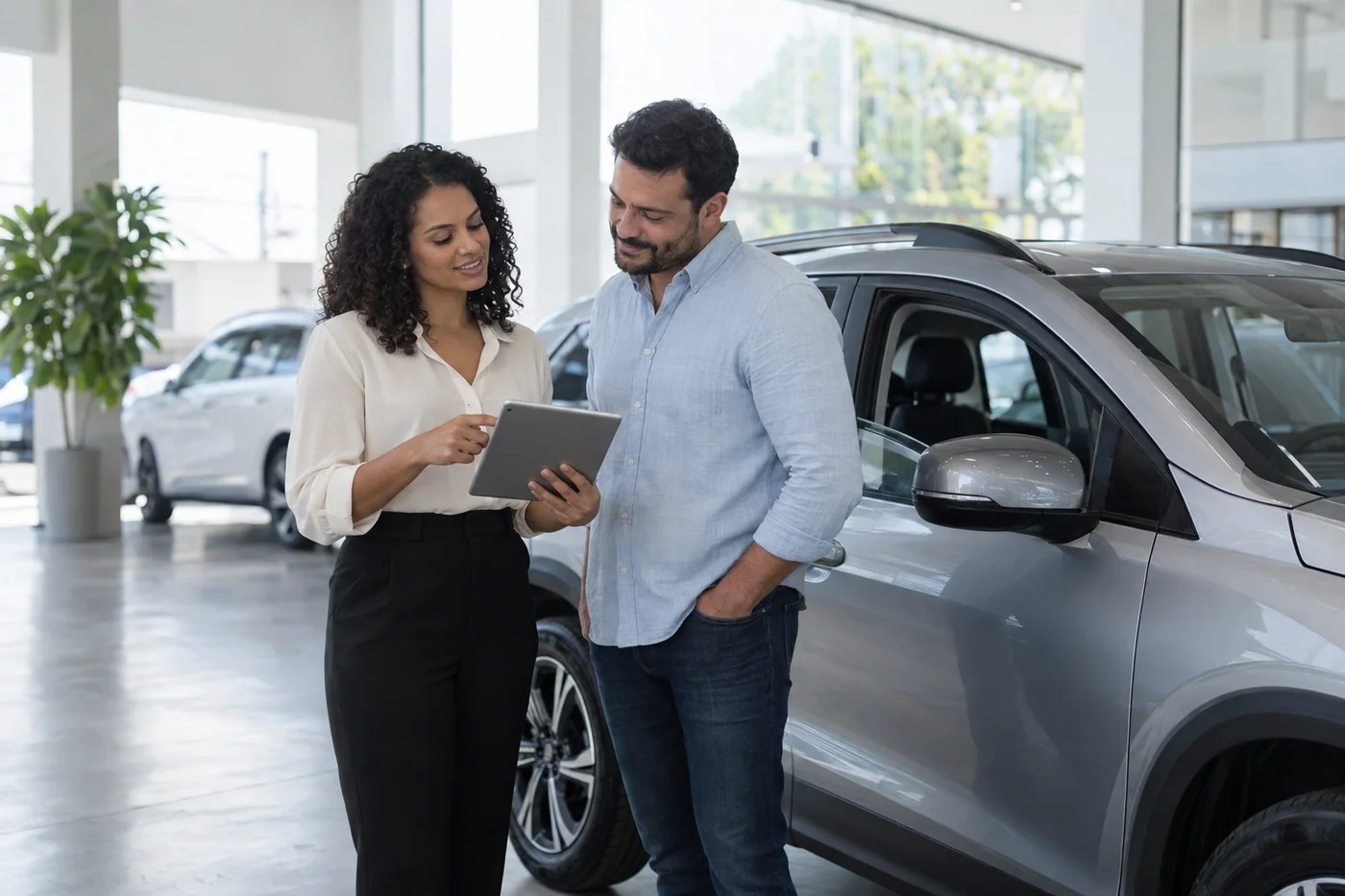 Consultora e cliente ao lado de um carro