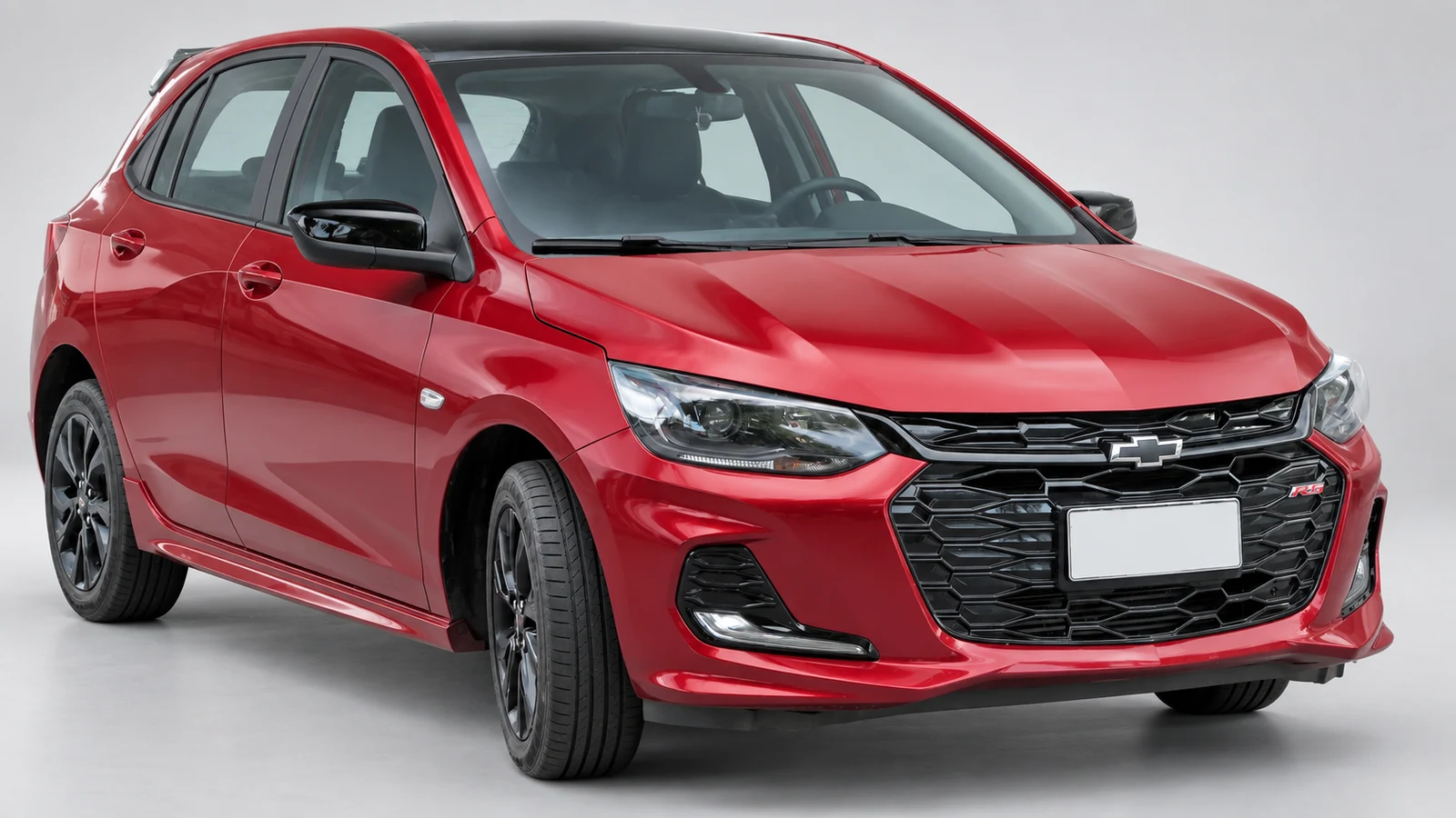 Chevrolet Onix RS 2024 vermelho, fotografia com fundo editado por IA